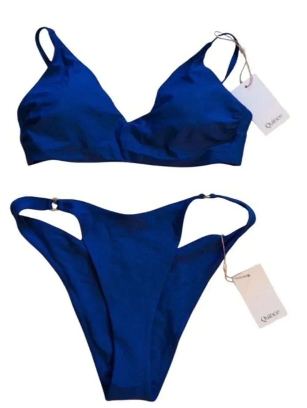 NWT Quince Bikini Set Italian V Neck Top High Leg Bottom Electric Blue Size L